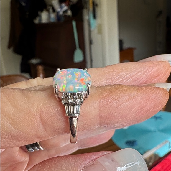 Sterling Silver Lab Opal & White Sapphire Cocktail Ring – Size 6 - Picture 7 of 8